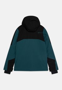 Tyrkysovo-čierna bunda s kapucňou, vyrobená v štýle color-block, s nastaviteľnými manžetami a logom na chrbte. Hladký materiál a vonkajší štýl.