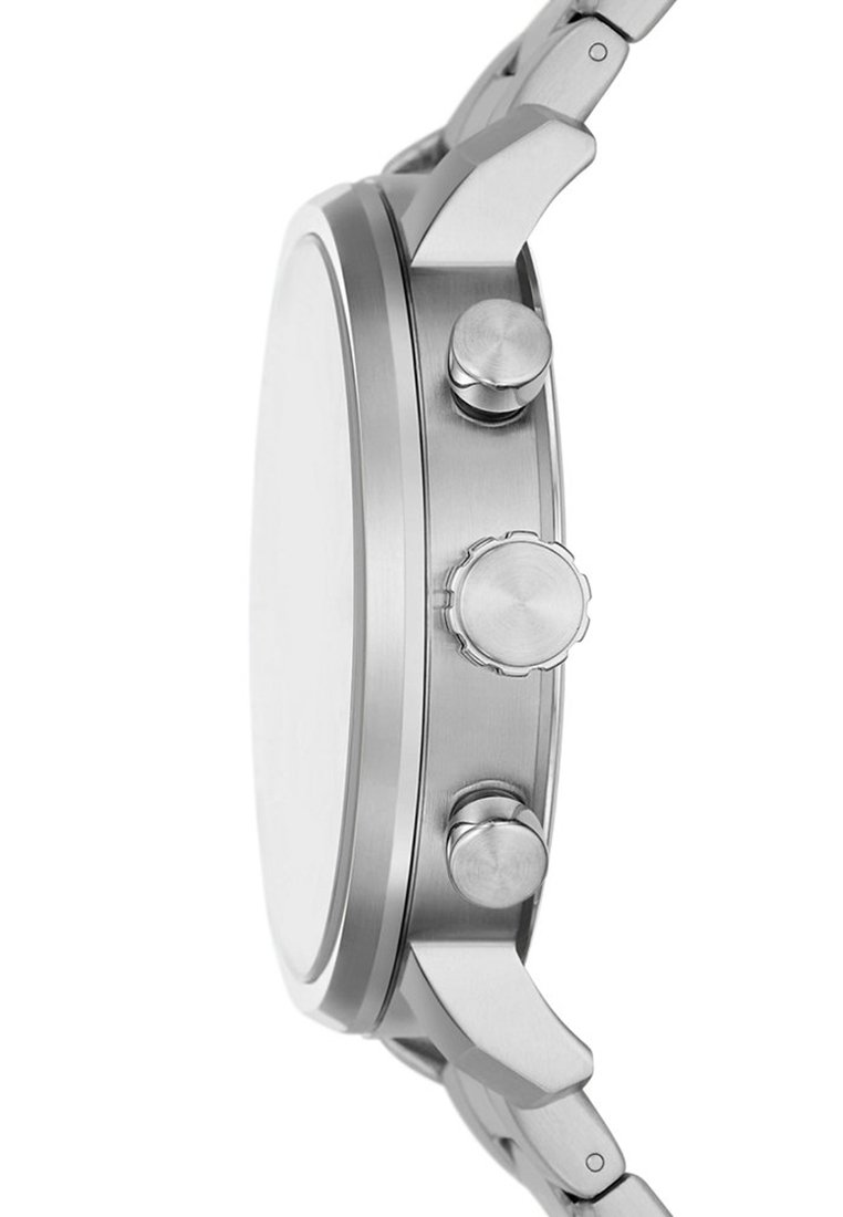 Uhr aus Edelstahl mit rundem Gehäuse, drei Drückern und einer strukturierten Krone. Elegante, polierte Oberfläche; minimalistisches Design; keine sichtbaren Markierungen.