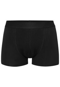 Black boxer shorts made from soft, stretchy fabric. Features an elastic waistband and stitched detailing, designed for a fitted shape.