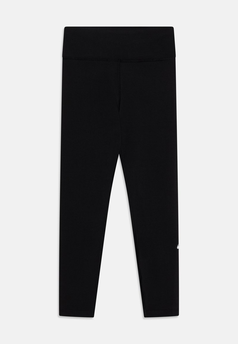 Leggings noirs en tissu extensible, avec une taille haute et un petit logo blanc sur la jambe inférieure. Texture douce, design ajusté.