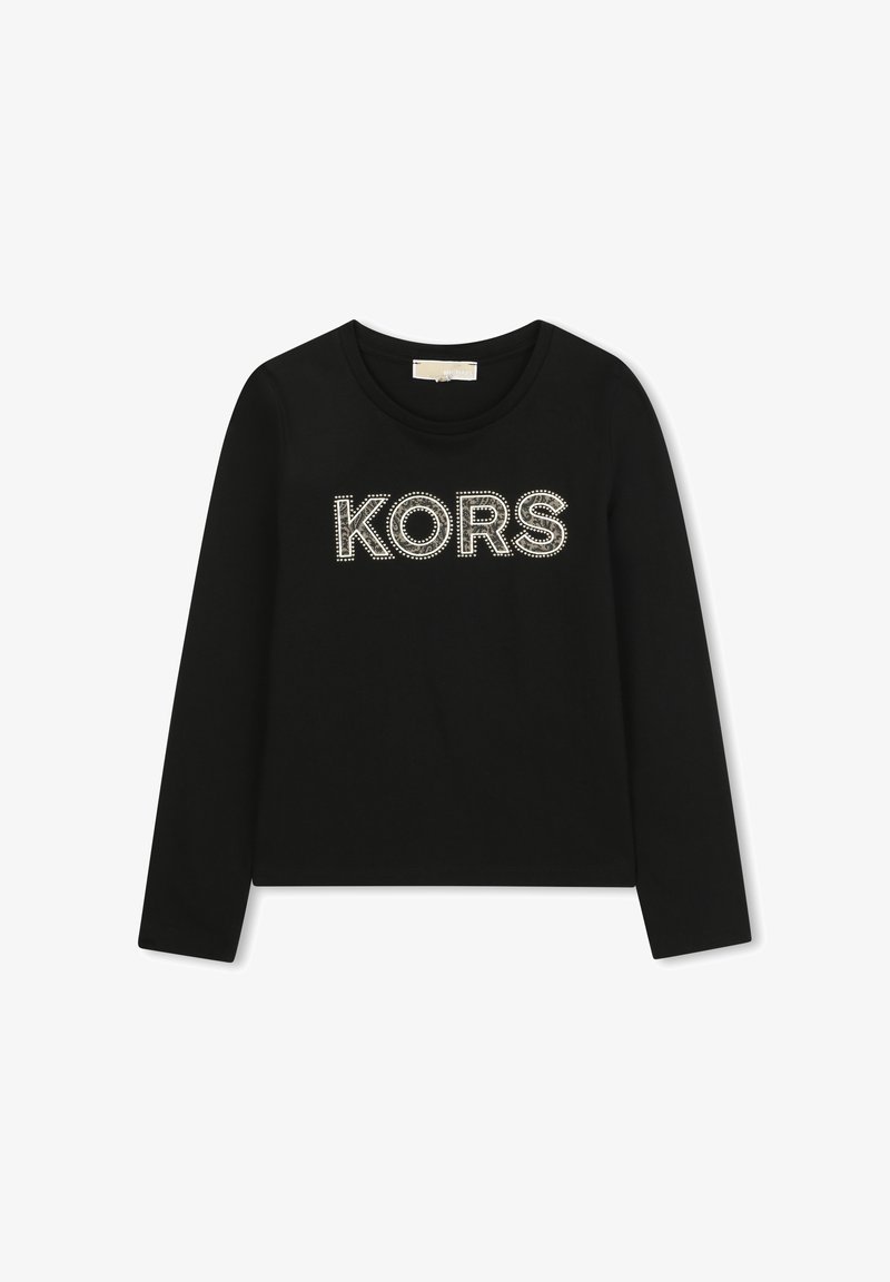 Chemise noire à manches longues avec le mot « KORS » en strass sur le devant. Fabriquée en tissu doux avec un col rond.