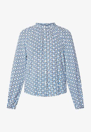 Button-up shirt in light blue fabric, featuring a repeated abstract pattern in dark blue and white. Rounded collar and long sleeves.