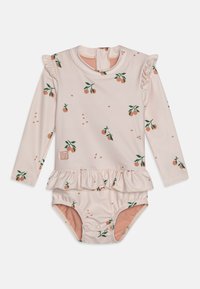Langermet badedrakt i lys rosa stoff, med et mønster av appelsiner, volanger og trykknapper nederst.