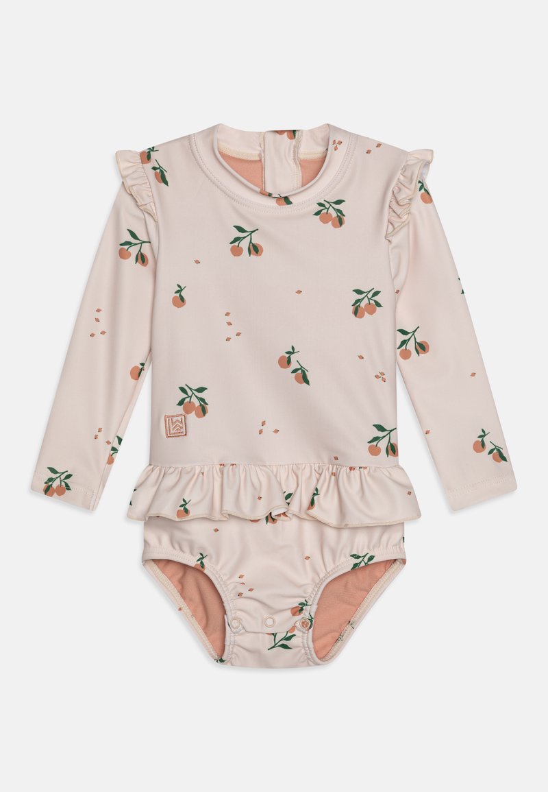 Hosszúujjú fürdőruha világos rózsaszín anyagból, narancs gyümölcsmintával, fodros részletekkel és patentos záródással az alján.