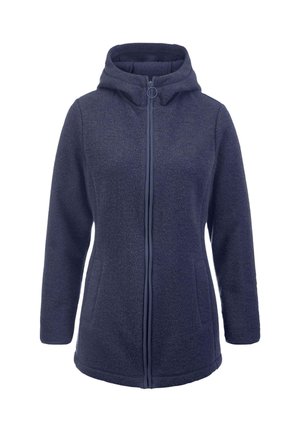 Dunkelblaue Fleecejacke mit Kapuze, durchgehendem Reißverschluss und zwei Seitentaschen. Strukturierter Stoff und weiche Oberfläche.