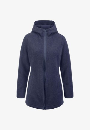 Dunkelblaue Fleecejacke mit Kapuze, durchgehendem Reißverschluss und zwei Seitentaschen. Strukturierter Stoff und weiche Oberfläche.