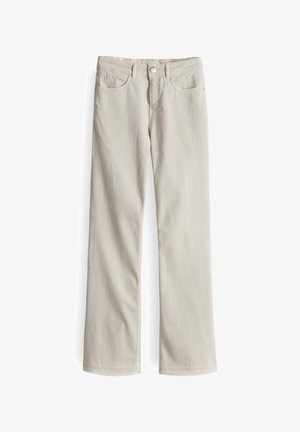 Beige gerade geschnittene Jeans aus einem Baumwollmischgewebe. Verfügt über fünf Taschen, eine vordere Knopfverschluss und dezente Nähte.