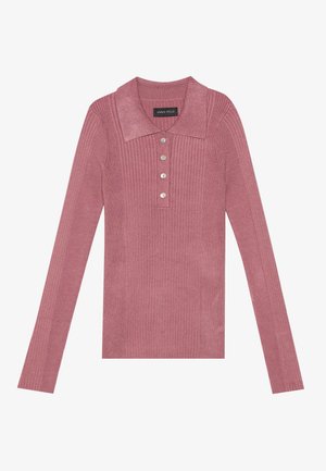 Ribbed long-sleeve polo top in dusty rose with a collar, five-button placket, and a soft texture. Simple design with no additional patterns.