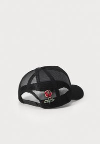 Black mesh cap with a curved brim, featuring an embroidered red rose design on the back. Adjustable strap at the rear for size.