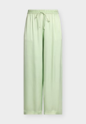 Ανοιχτοπράσινο παντελόνι με φαρδιά μπατζάκια, ελαστική μέση και ρυθμιζόμενο κορδόνι, κατασκευασμένο από απαλό ύφασμα, εμφανίζεται σε απλό φόντο.