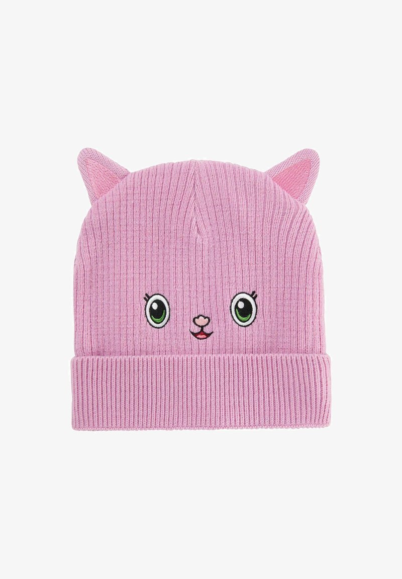 Růžová pletená čepice s ušima kočky, zdobená vyšívanou tváří se zelenýma očima a usmívajícími se ústy, žebrovaná textura a ohrnutý lem.