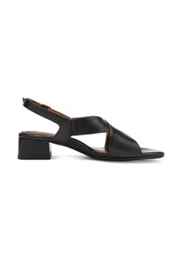 Sort læder slingback-sandal med lav kassehæl, åben tå og krydsede stropper henover fronten.