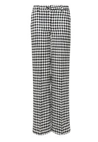 Pantalons à carreaux pied-de-poule noir et blanc à jambes larges, avec une taille plate et une fermeture à un bouton. Texture douce, design long.