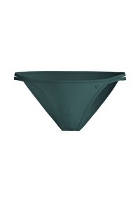 Dunkelgrüner Bikini-Unterteil mit glatter Textur, das einen niedrigen Schnitt und doppelte Riemenverzierungen an den Seiten aufweist. Einfaches, minimalistisches Design.