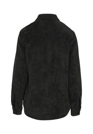Black corduroy shirt with a collar, long sleeves, and a button cuff. Features vertical ribbing and a rounded hem at the back.
