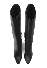 Black, knee-high leather boots with a textured surface; pointed toe design; side zippers; smooth interior lining.