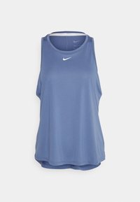 Débardeur de sport bleu en tissu à évacuation de l'humidité, doté d'une encolure arrondie et d'un petit logo Nike blanc sur la poitrine.