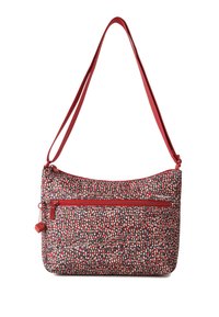 Petit sac à épaule avec bandoulière rouge ajustable, fermeture éclair rouge et motif abstrait multicolore en tons rouge, noir et beige.