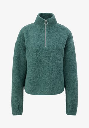 Pull polaire à manches longues vert sarcelle avec demi-fermeture éclair et col montant, en tissu sherpa texturé, avec des passages pour les pouces aux poignets.