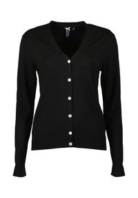 Czarny kardigan z dekoltem w serek, długimi rękawami i z przodu na guziki. Charakteryzuje się gładką fakturą i białymi akcentami guzików. Prosty i dopasowany krój.