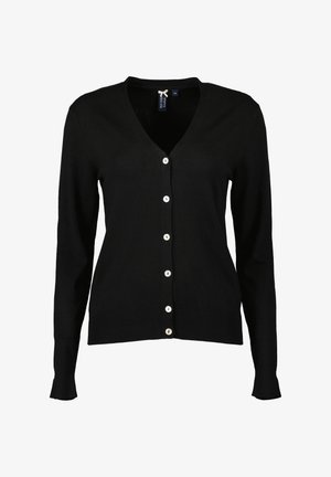 Schwarze Strickjacke mit V-Ausschnitt, langen Ärmeln und vorderem Knopfverschluss. Besitzt eine glatte Textur und weiße Knopfdetails. Schlichtes und figurbetontes Design.