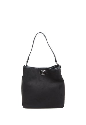 Black suede handbag with a smooth texture, single shoulder strap, and a silver-tone logo hardware accent on the front.