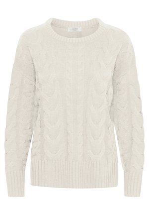 Lichtgrijze kabelgebreide trui met een ronde hals, textuurpatronen en geribde manchetten en zoom. Gemaakt van zacht, dik garen.