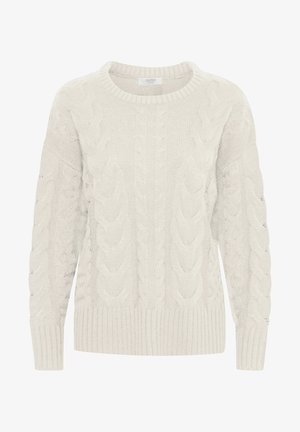 Lichtgrijze kabelgebreide trui met een ronde hals, textuurpatronen en geribde manchetten en zoom. Gemaakt van zacht, dik garen.