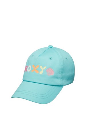 Lyseblåt baseballkasket med farverig "ROXY"-tekst og et lille skaldyrsillustration foran, med syede ventilationshuller og buet skygge.