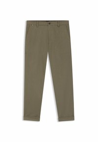 Olivenfarvede bukser med slim fit, lavet af et struktureret stof. Har en knaplukning, bæltestropper og opsmøg ved kanten.