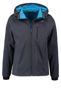 Veste softshell gris foncé avec doublure en polaire turquoise, capuche ajustable, poches avant zippées et poche poitrine. Présente des accents bleus.