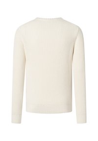 Maglione bianco lavorato a maglia, con un motivo a coste testurizzato e maniche lunghe. Design a girocollo con orlo aderente in vita e ai polsini.