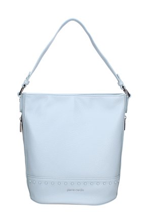 Borsa a secchiello in pelle azzurra chiara con finitura texture, chiusura superiore con zip, manico corto e una fila di borchie decorative alla base.