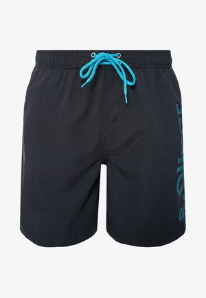 Schwarze Badeshorts mit einem Kordelzugbund, ausgestattet mit türkisen Akzenten und einem strukturierten Muster auf einer Seite. Leichtes Material.