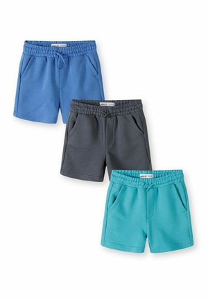 Drei Paar Shorts mit elastischem Bund und Kordelzug in Blau, Dunkelgrau und Türkis, jeweils mit Seitentaschen und einem Label am Bund.
