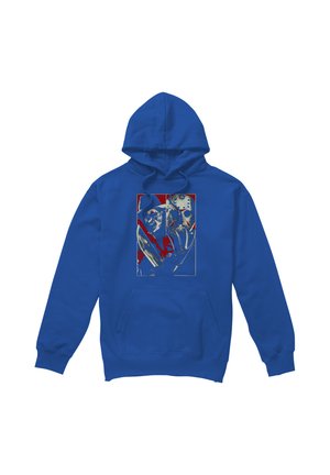 Blauer Kapuzenpullover mit grafischem Aufdruck, der zwei Gesichter und abstrakte rote und blaue Formen in der vorderen Mitte zeigt.