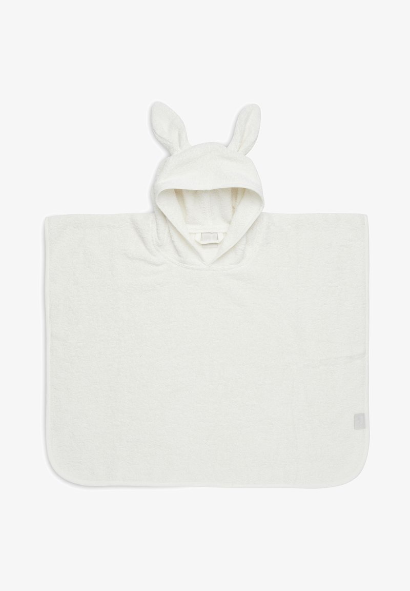 Witte capuchonponcho van gestructureerd terrycloth met konijnenoren op de capuchon, met een eenvoudige rechthoekige vorm en zachte stof.