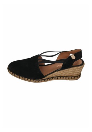 Schwarze Wildleder Keilsandalette mit Knöchelriemen, elastischen Kreuzriemen und geflochtener Jutesohle.