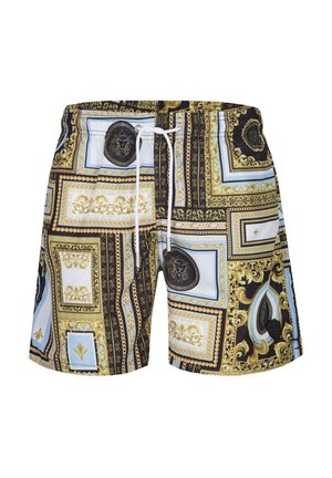 Heren zwembroek met elastische tailleband en witte trekkoorden, met sierlijke gouden, zwarte, witte en lichtblauwe barok- en kettingpatronen.