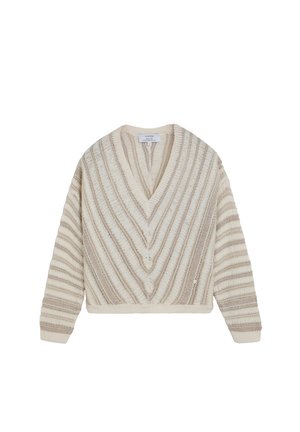 Jersey de punto a rayas crema y beige con escote en V y mangas largas, que presenta un patrón texturizado de tejido abierto.