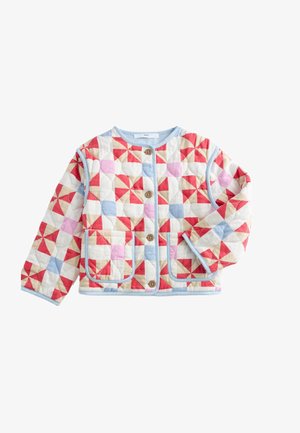 Vatteret langærmet jakke med rød, blå, pink og beige geometrisk mønster, rund halsudskæring, knapper foran og to forlommer med lapper.