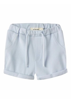Shorts en coton bleu clair avec une taille élastique, un cordon de serrage et des ourlets retroussés. Comprend deux poches latérales et une texture douce.