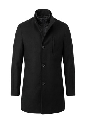 Cappotto nero da uomo fino al ginocchio con tre bottoni frontali, tasca sul petto con cerniera e strato interno imbottito del colletto con cerniera.