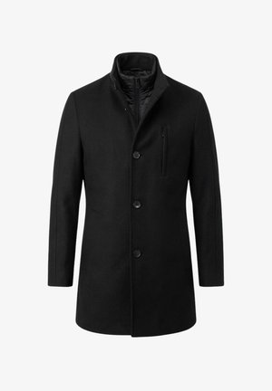 Cappotto nero da uomo fino al ginocchio con tre bottoni frontali, tasca sul petto con cerniera e strato interno imbottito del colletto con cerniera.