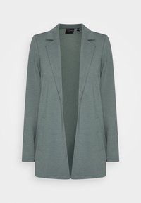 Cardigan verde chiaro aperto sul davanti con texture a coste, maniche lunghe e due tasche laterali. Presenta un colletto con risvolto e una vestibilità comoda.