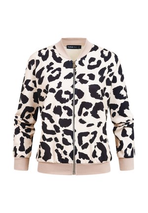 Beige bomberjack met zwarte onregelmatige luipaardvlekken, geribbelde manchetten en kraag, en een sluiting met ritssluiting aan de voorkant.