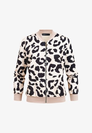 Beige bomber-takki, jossa mustat epäsäännölliset leopardikuviot, resorit hihansuissa ja kauluksessa sekä vetoketjusuljenta edessä.