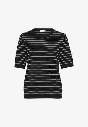 Fekete, rövid ujjú pulóver fehér vízszintes csíkokkal. Kerek nyakkivágással és bordázott textúrával rendelkezik. Kiegészítő díszítés nincs.