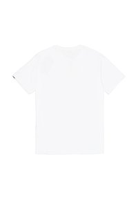 Bílý krátký rukáv, tričko s kulatým výstřihem, hladká bavlněná textura, minimalistické bez dalších vzorů nebo ozdob.