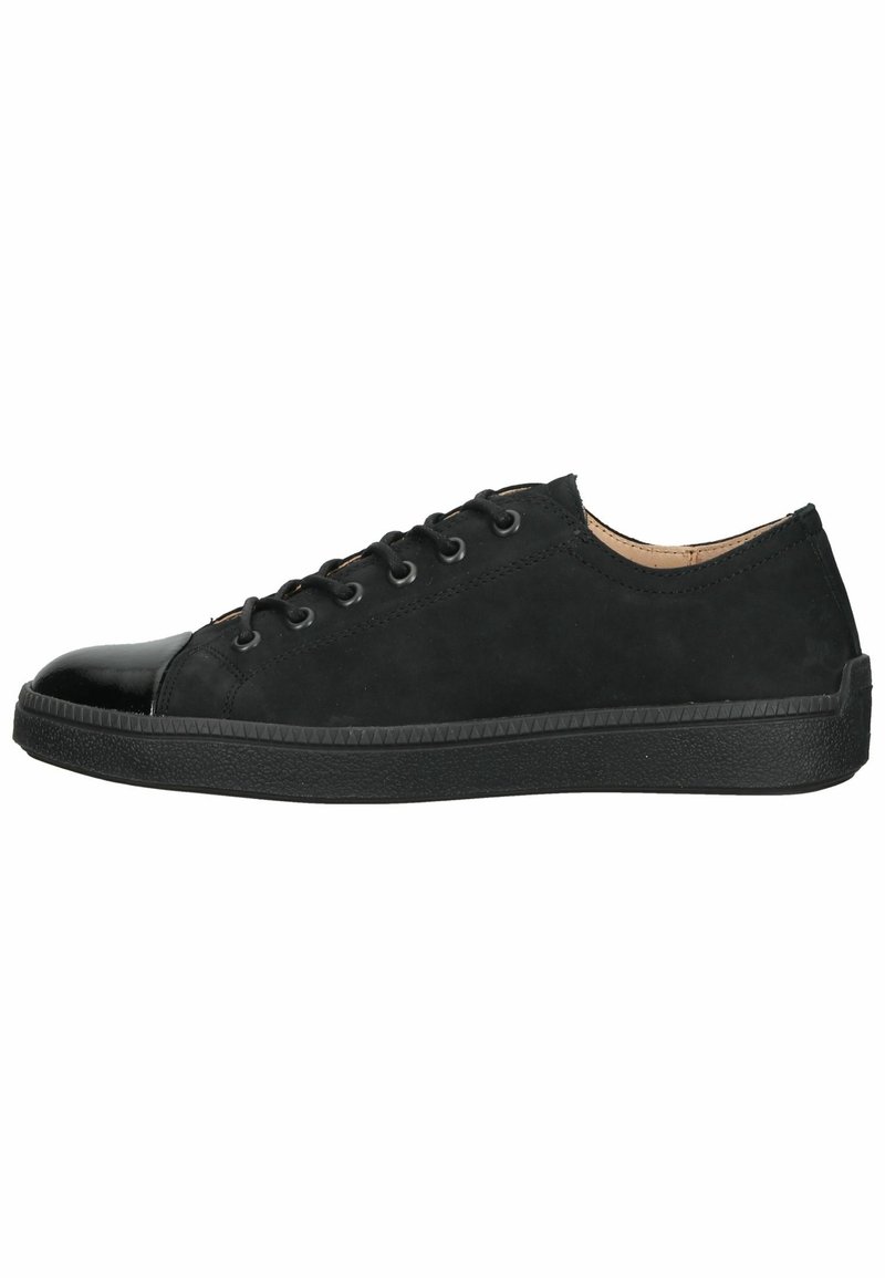 Black sneaker with a matte suede upper, glossy patent leather toe cap, round laces, and textured rubber sole. Low-top design.
